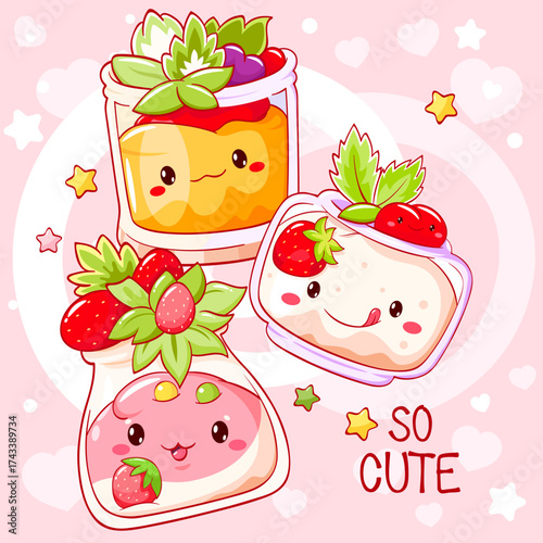 Strawberry dessert. Vector card with cute characters in kawaii style. Pudding, cream, mousse, smoothie with whipped cream and strawberry. Can be used for t-shirt print, sticker, badge, greeting card