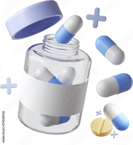 Pharmaceutical Bottle with Floating Pills and Plus Signs Medical Concept