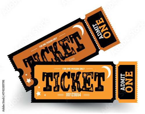 Two bright orange admit one tickets with stars and bold text