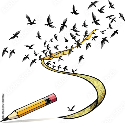 New Year Creative Expression flowing musical birds representing effortless artistic expression and flow