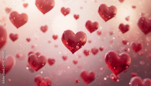 Shiny red hearts float gracefully within the dreamy atmosphere featuring soft glowing light and gentle bokeh, creating a romantic and uplifting mood in a warm setting