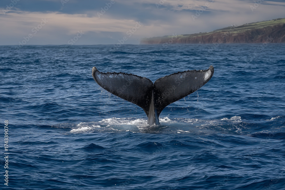 Fototapeta premium Humpback whale tail above ocean water with coastal cliffs in the background under soft natural light