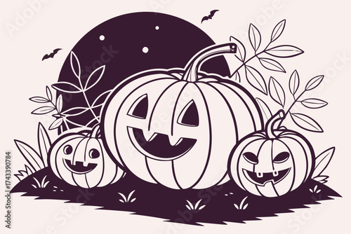 Carved Pumpkins with Smiling Faces and Bat in Halloween Scene