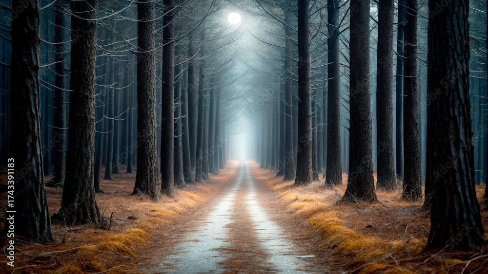 Fototapeta premium Pathway through a misty forest leading to a bright light at the end during early morning hours