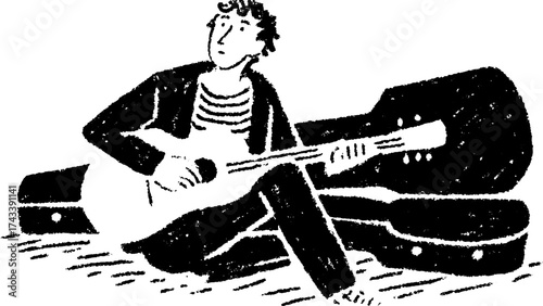 Musician playing guitar in a simple black and white vector illustration. The style features a casual and relaxed look, with a sketch-like quality.