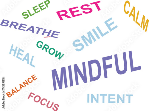 Mindful mental health and wellness typography concept graphic isolated on white background