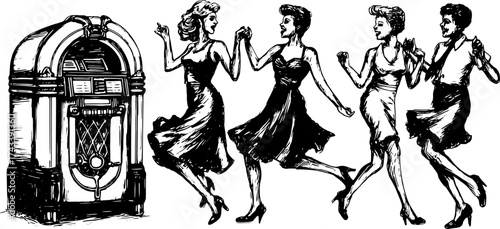 Vintage jukebox with dancers in elegant dresses. Outline art style illustration, set capturing retro celebration and musical movement.