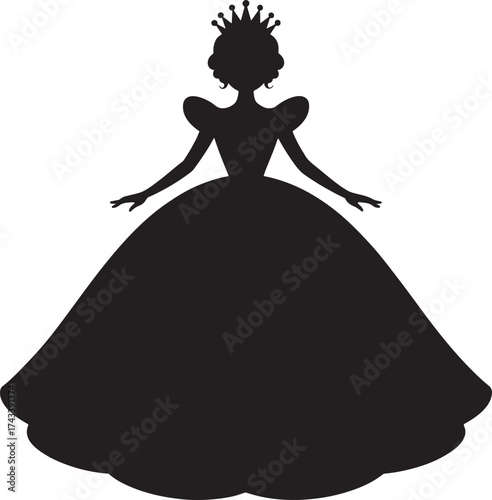 Black Silhouette of Princess in Ball Gown with Crown.