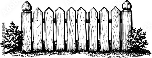 Wooden fence vector illustration with line drawing style. Vintage artwork shows a simple structure, surrounded by greenery in a rustic setting.