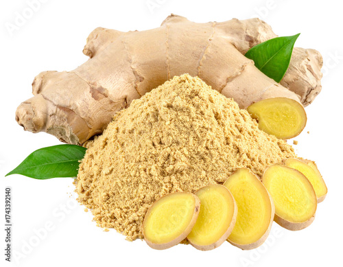 Ground Ginger Powder on White Background with Ginger Roots