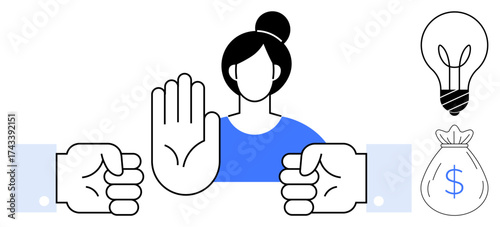 Woman halting conflict with hand gesture, juxtaposed with creative idea lightbulb and finance money bag. Ideal for conflict resolution, negotiation, empowerment, creativity, finance, leadership