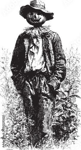 Scarecrow with pumpkin face, hat, and old clothes standing in a field among plants. Vintage black and white sketch vector illustration.