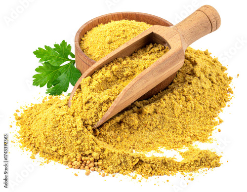 Ground Mustard Spice in Wooden Bowl with Scoop