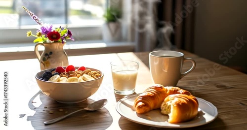 Healthy breakfast with fresh fruit cereal, croissants, and steaming coffee.