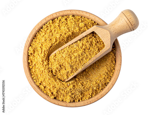 Ground Mustard Spice in Wooden Bowl on White Background