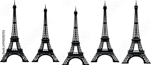 Eiffel Tower silhouette set, Paris landmark icons, architectural variations, black vector design, travel symbol, French monument illustration, global tourism