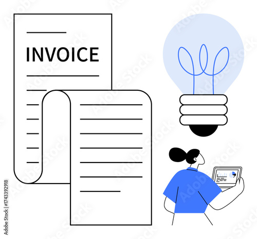 Invoice documents, light bulb symbolizing ideas, and person viewing data on laptop. Ideal for finance, innovation, billing, entrepreneurship, accounting small business workflow. Simple flat