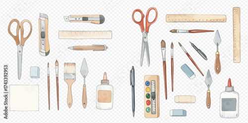 Watercolor illustration of various art and craft supplies, including scissors, brushes, rulers, and glue, on a transparent background.