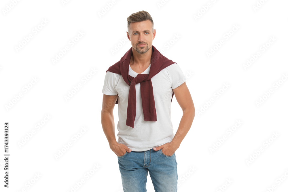 Fototapeta premium Stylish male. Men casual style. Portrait of handsome guy in menswear. Stylish menswear fashion. Caucasian mature man. Man in tshirt isolated on white. Handsome mature man with grey hair