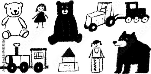 Cartoon bears and toys in a simple black and white style. Features a teddy bear, doll, tractor, and train vector illustration set.