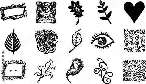Decorative frames, leaves, eyes, and hearts in black style create a unique set of art elements for backgrounds, showcased in a vector illustration.