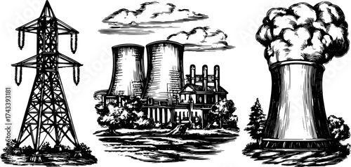 Power plant vector illustration. Vintage line drawing depicting electricity tower, cooling towers, and smoke in a set of industrial energy generation art.