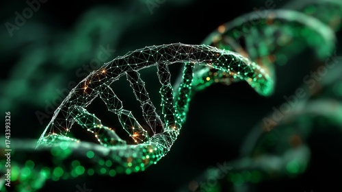 Digital green DNA helix with glowing nodes and mesh structure representing genetic science, molecular biology, and biotechnology
