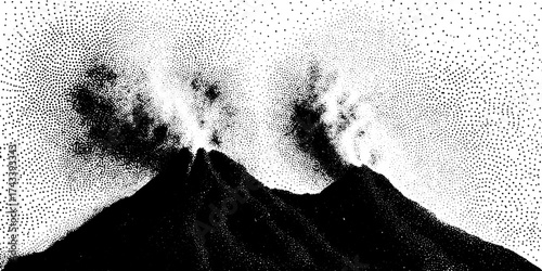 Volcano silhouette with smoky eruption in stipple engraving style. Vintage black and white illustration set featuring detailed landscape vector design.