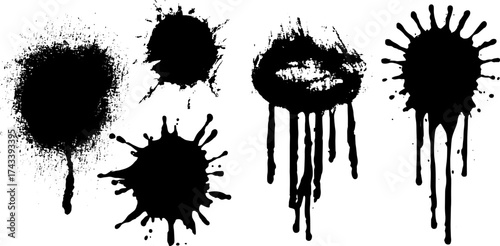Black paint splash vector illustration in various shapes. Grunge texture effects create a unique design for backgrounds or artistic projects.