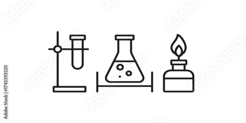 Print  Experimental equipment vector illustration – lab instruments, reaction tube, burner flame – simple geometric outline, editable paths