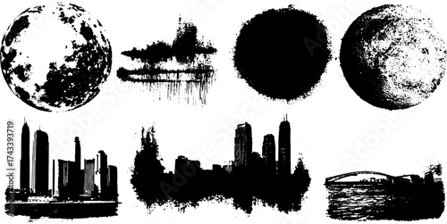 Black and white abstract art illustration featuring a skyline silhouette and moons. It combines design elements in a vector set.