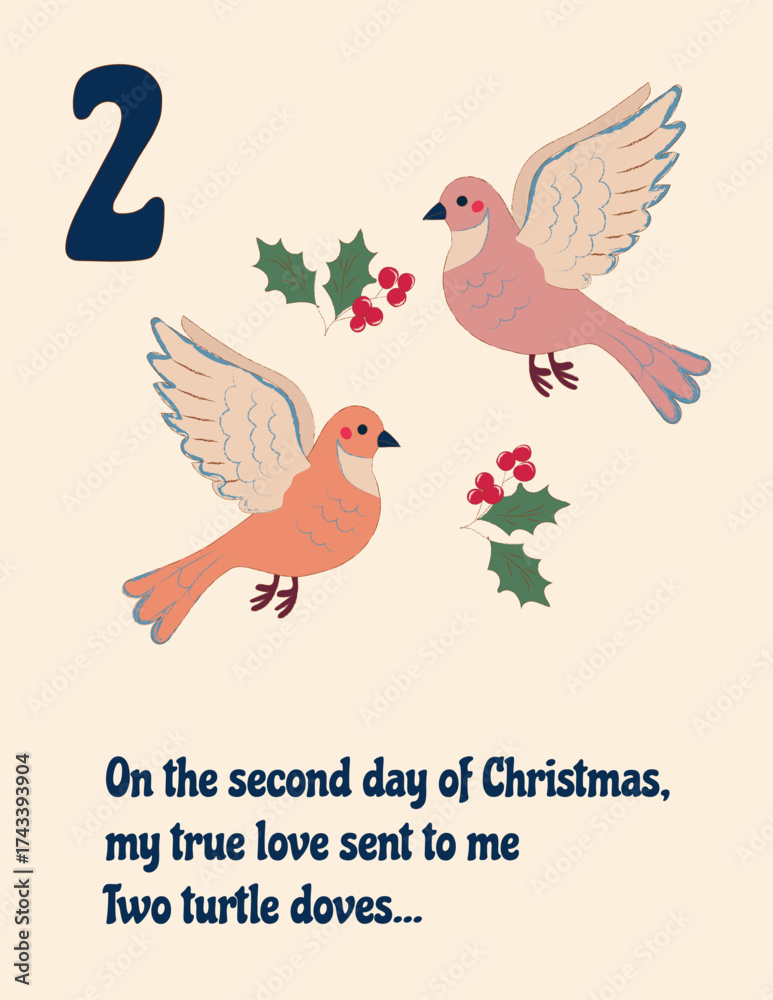 Φωτογραφία Festive drawing of two turtle doves flying with holly leaves and berries, representing the second day of Christmas