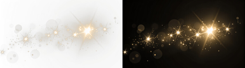 Gold Sparkling light on two backgrounds, sparkling Stars and dust PNG. sparkling background. golden star, glitter particles and stars. . Magical glow PNG.	