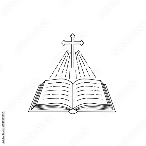 Icon of an open book with a Catholic cross emitting rays above, symbolizing faith and enlightenment