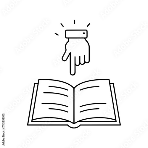 Icon of an open book with a pointing finger, symbolizing guidance and focus