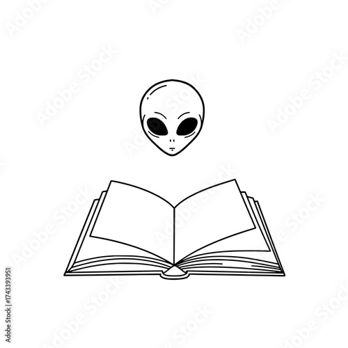 Icon of an open book with an alien face hovering above, symbolizing mystery and the unknown