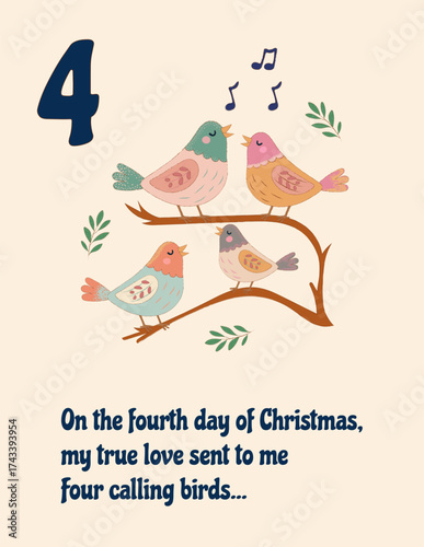 Four Calling Birds Illustration. 12 Days of Christmas. Vector art.