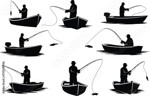 Fishing boat silhouette vector set, black and white angler illustrations, catch scenes, outdoor sport icons, isolated recreational fishing graphics