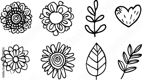 Set of flower and leaf sketches in vintage outline style. Black and white vector illustrations for various botanical design projects.