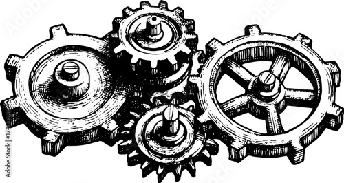 Vintage gear illustration in line drawing style. Detailed black and white vector graphic of mechanisms in a set.