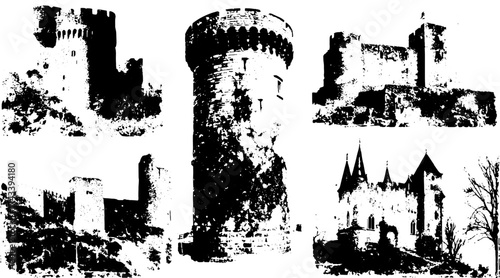Castle engravings in vintage drawing style. Black and white vector illustration set showcasing historic architecture.