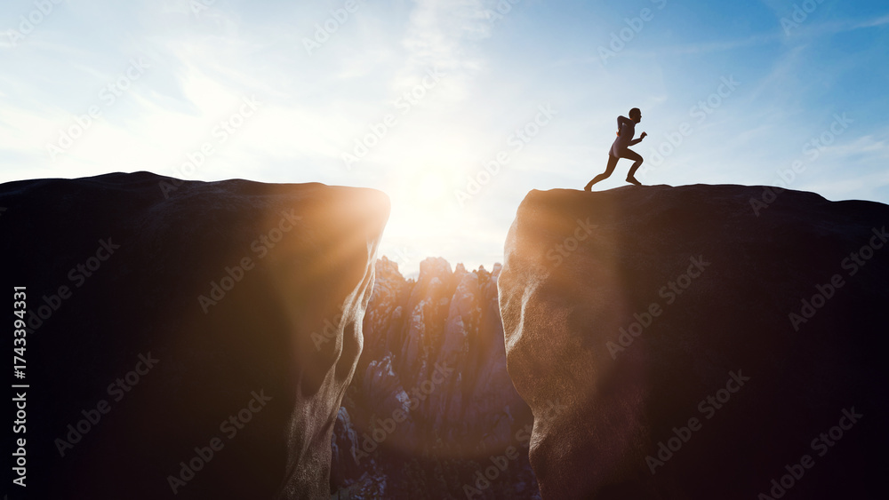 Αυτοκόλλητο Silhouette of determined athlete running and jumping over a gap between two cliffs at sunset, symbolizing overcoming challenges and achieving goals