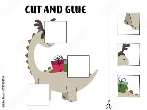 Fun printable cut and glue worksheet featuring a cute beige dinosaur with reindeer antlers carrying Christmas presents.