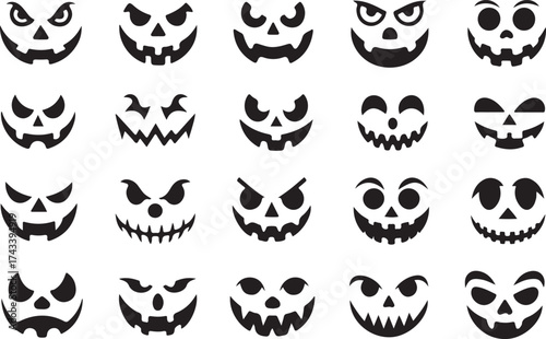 Collection of scary and spooky halloween pumpkin faces carved designs for holiday decoration