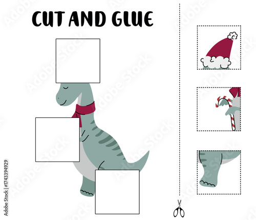 Cut and Glue Dinosaur with Candy Cane Christmas Activity for Kids