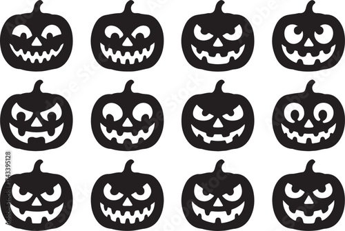 Collection of twelve black silhouette halloween jack o lantern faces with various carved expressions on a white background