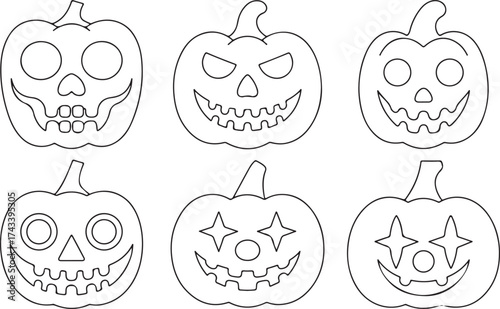 Set of six hand drawn outline illustrations of halloween pumpkins with carved faces for coloring pages