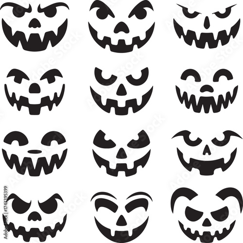 Collection of twelve spooky halloween jack o lantern faces carved designs for autumn celebrations