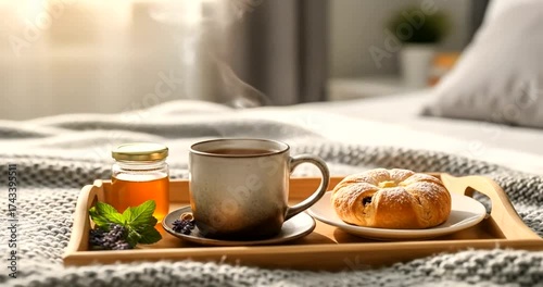 Morning tray with hot tea and pastry served on a cozy bed.