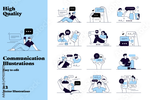 Modern flat vector illustration set of people communicating via chat, video call, and messages. Minimal design, perfect for apps, web, social media, business, and digital marketing.